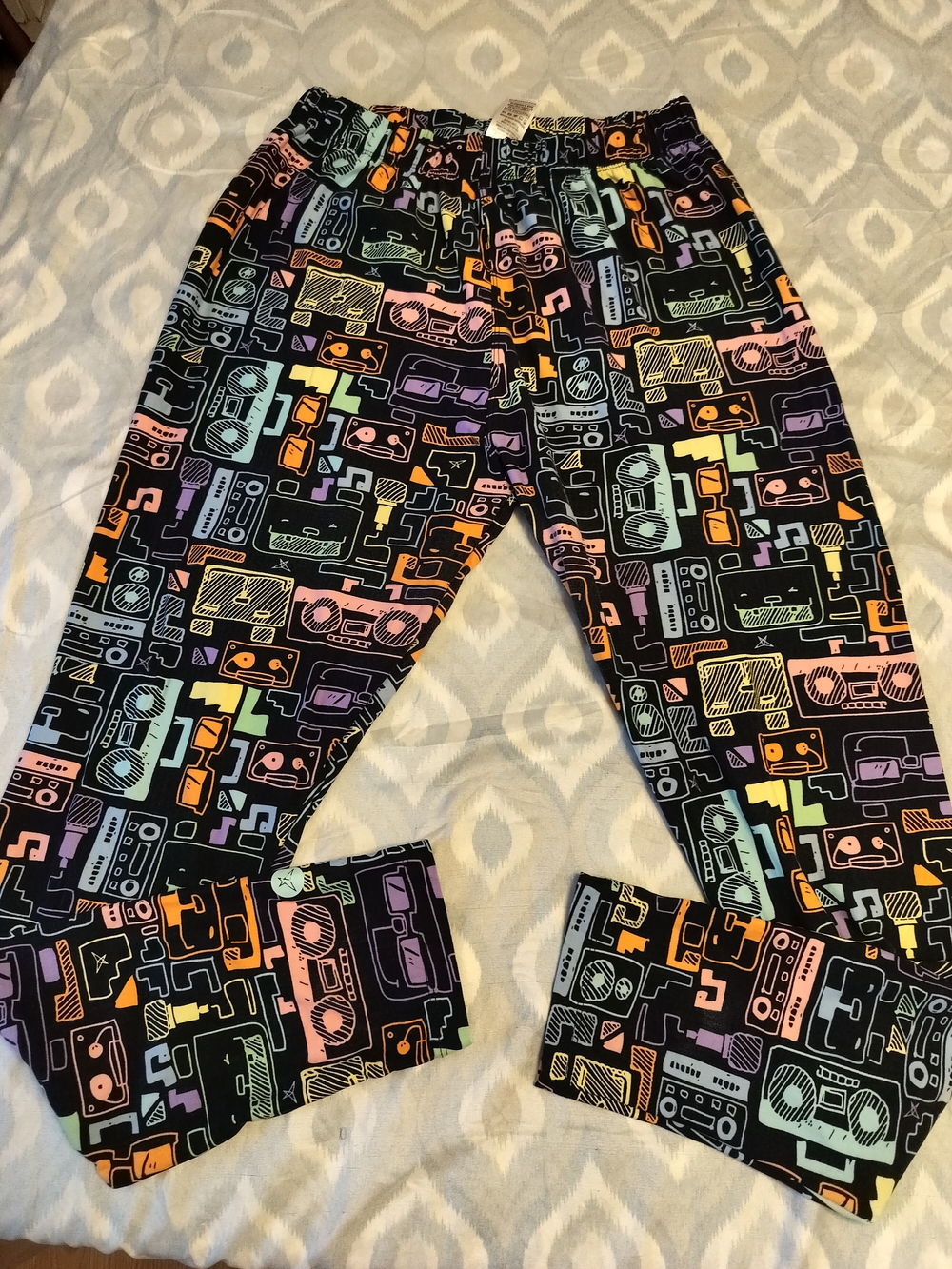Retro Cassette Print Lounge Pants - Black with Neon Accents